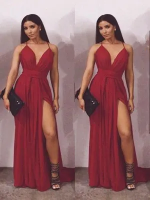 Custom Made A Line V Neck Burgundy Chiffon Prom Dresses with Slit, Burgundy Formal Dresses