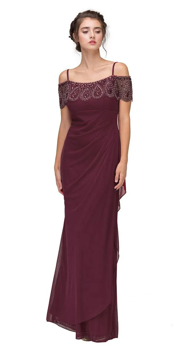 Eureka 3937 Cold-Shoulder Beaded Long Dress Ruched Side Silhouette